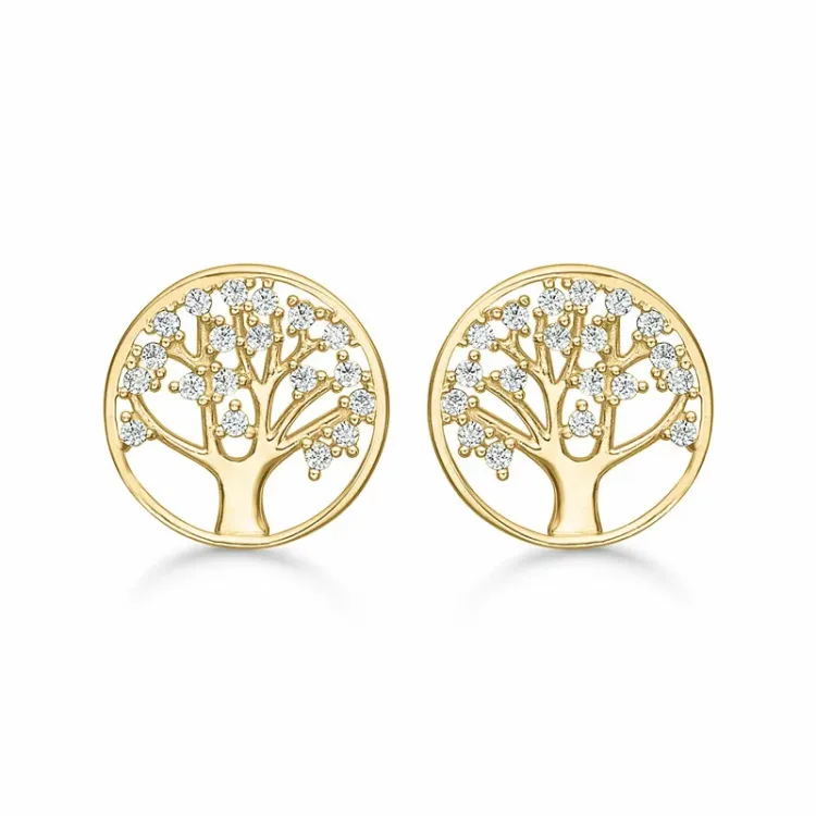 11 mm Støvring Design livets tre øredobber i 14 karat gull hvit zirkon