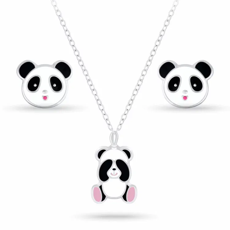 panda sett med øredobber og halskjeder i sølv hvit emalje svart emalje rosa emalje - Little Ones