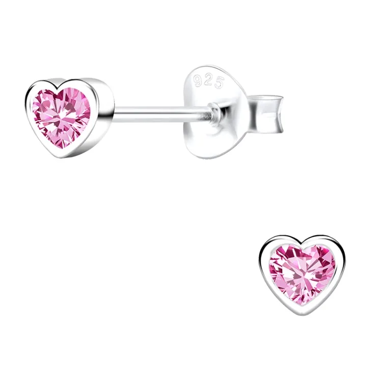 4 x 4 mm hjerte rosa zirkon ørestikker i sølv - Little Ones