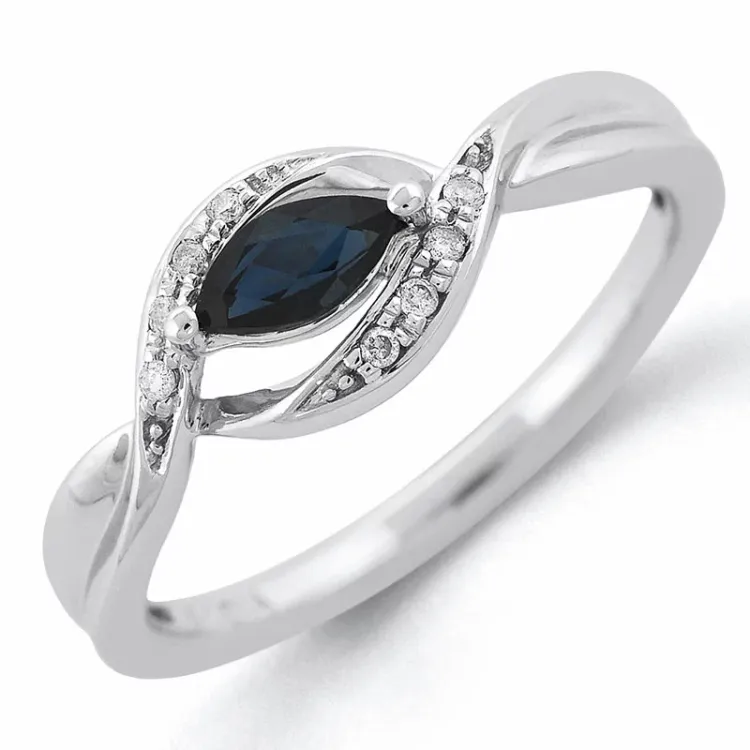oval blå safir hvittgulls ring i 14 karat hvitt gull 0,04 ct