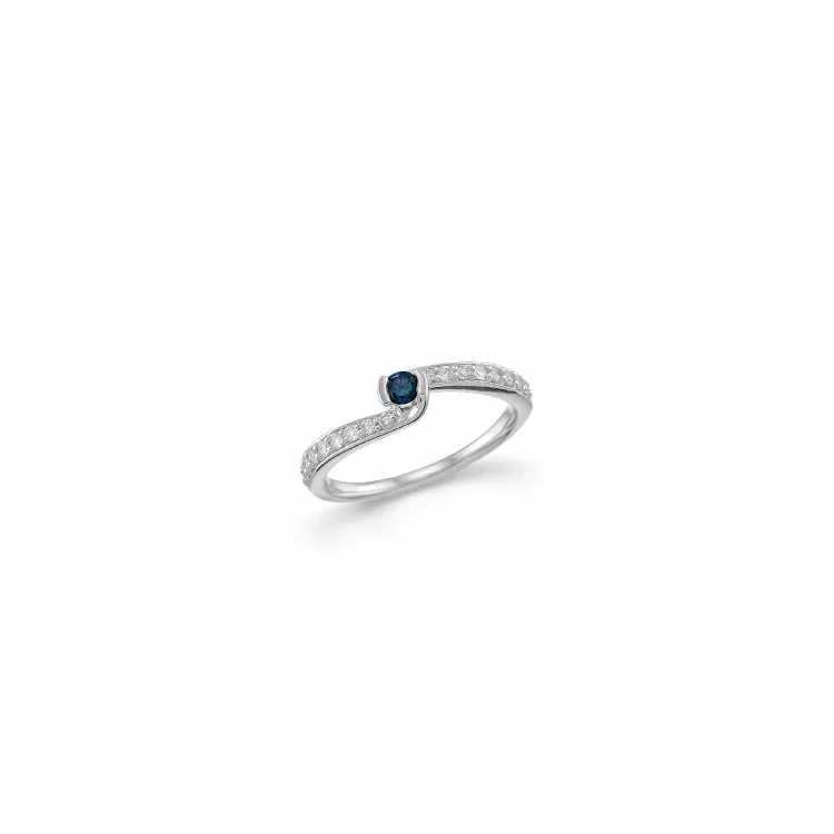 rund blå safir diamantring i 14 karat hvitt gull 0,24 ct