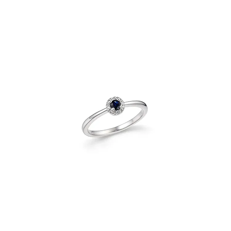 rund blå safir diamantring i 14 karat hvitt gull 0,02 ct