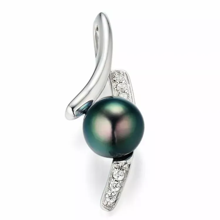 svart perle anheng i 14 karat hvitt gull 0,052 ct