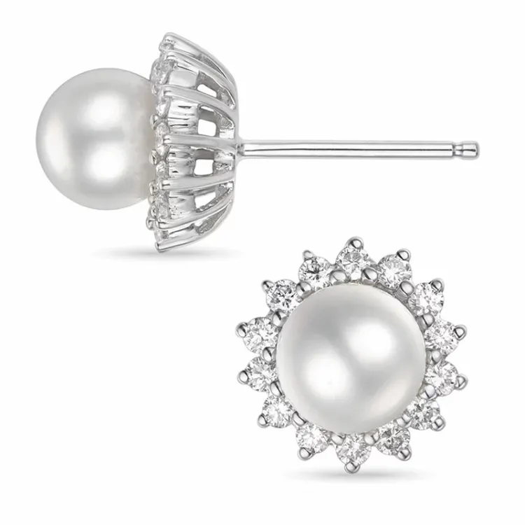 blomst perle diamantøredobb i 14 karat hvitt gull med diamant