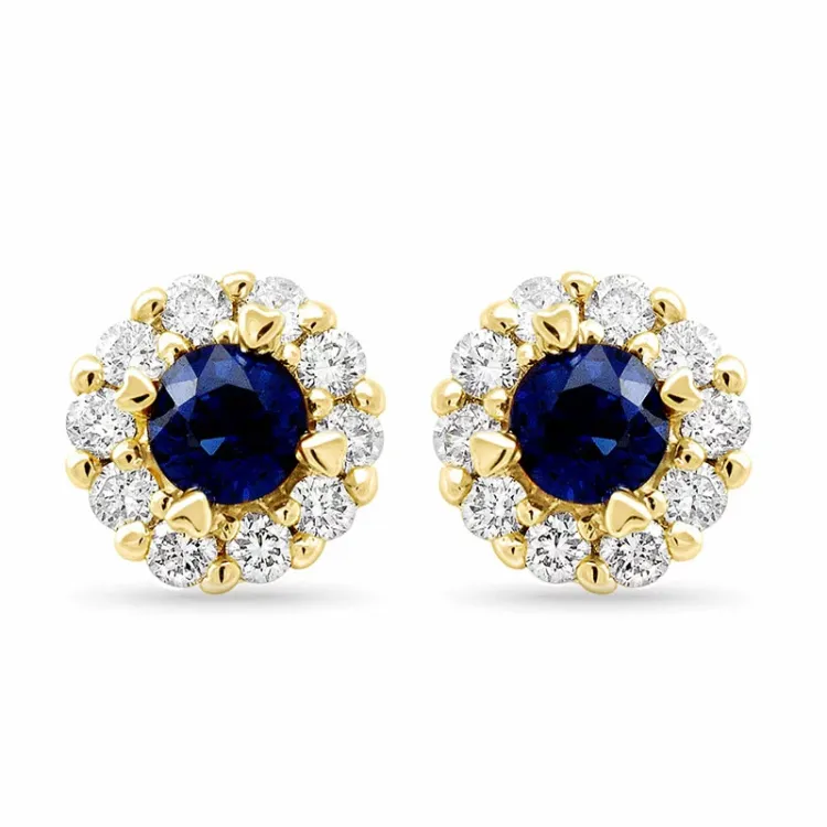 runde blå safir diamantøredobb i 14 karat gull med safir og diamant