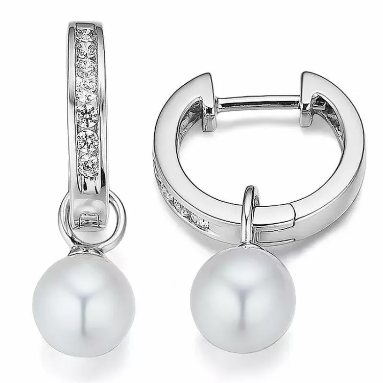 15 mm perle creol i 14 karat hvitt gull med diamant