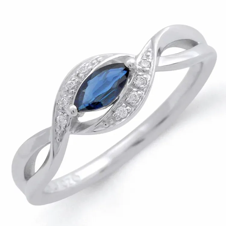 blå safir diamantring i 14 karat hvitt gull 0,04 ct