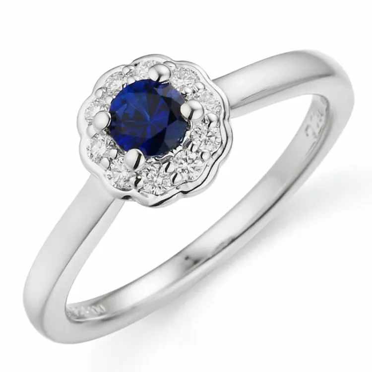 blomst safir diamantring i 14 karat hvitt gull 0,14 ct 0,38 ct