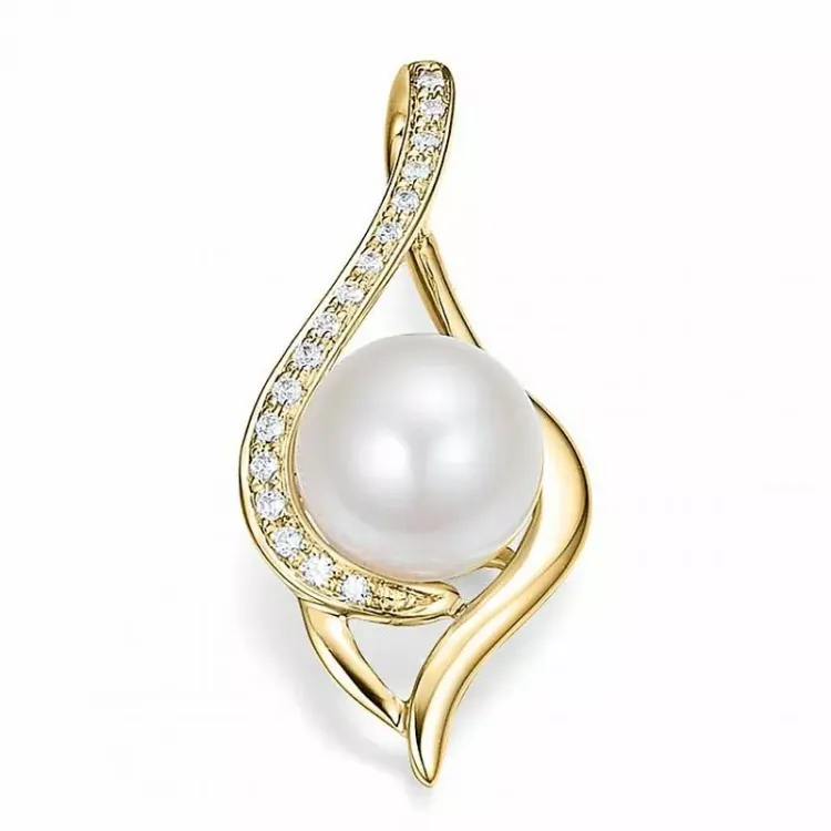 Abstrakt hvit perle anheng i 14 karat gull 0,122 ct