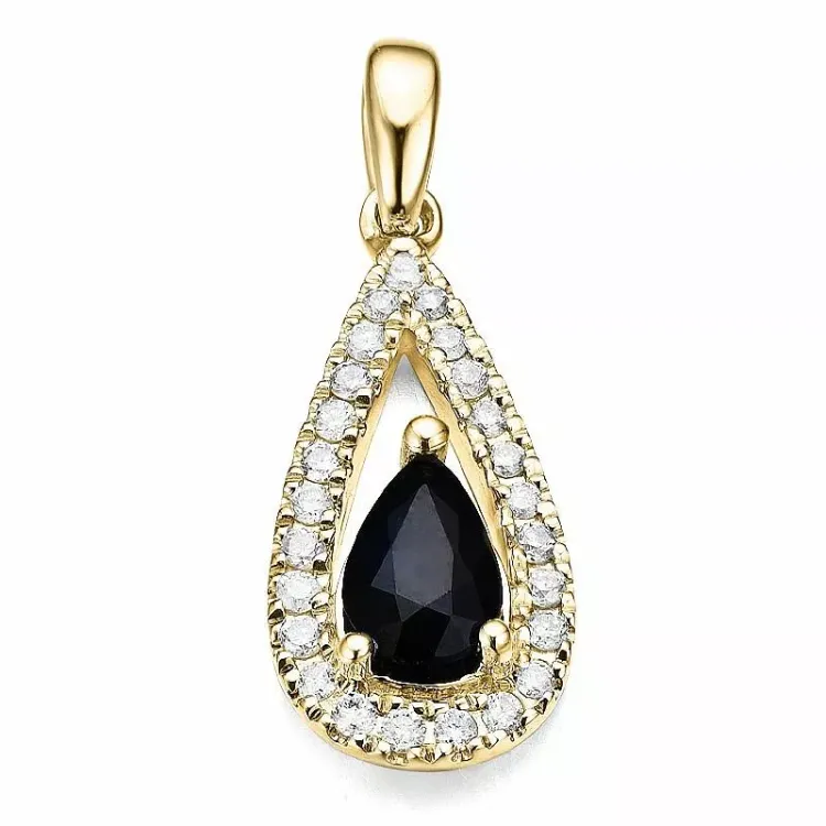 dråpeformet blå safir diamantanheng i 14 karat gull 0,123 ct 0,55 ct
