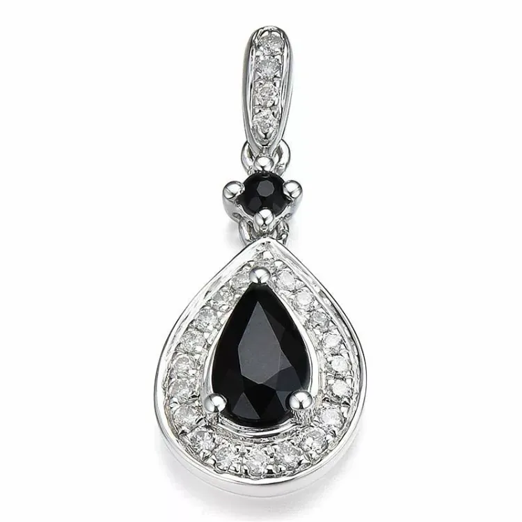 dråpeformet blå safir diamantanheng i 14 karat hvitt gull 0,104 ct 0,55 ct 0,04 ct