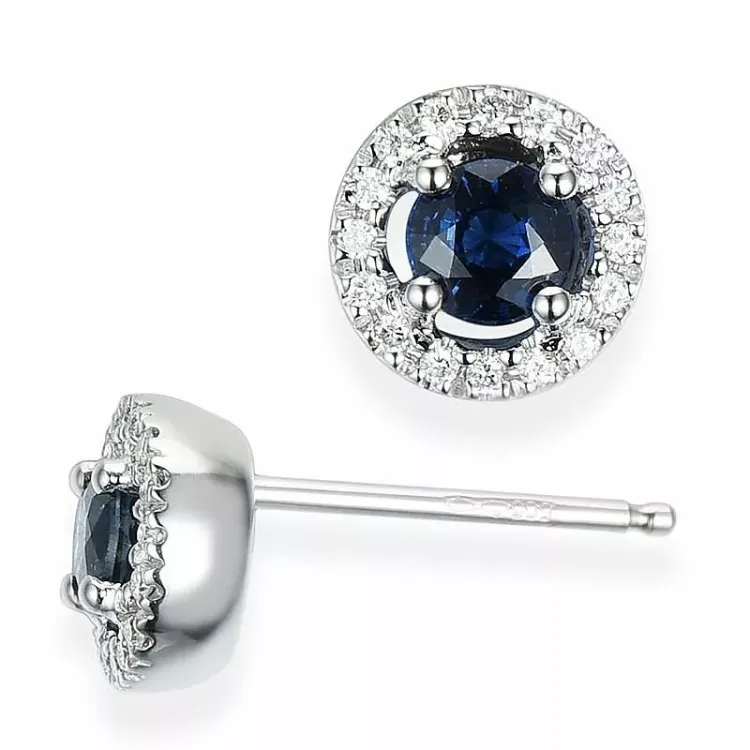 runde blå safir diamantøredobb i 14 karat hvitt gull med diamant og safir