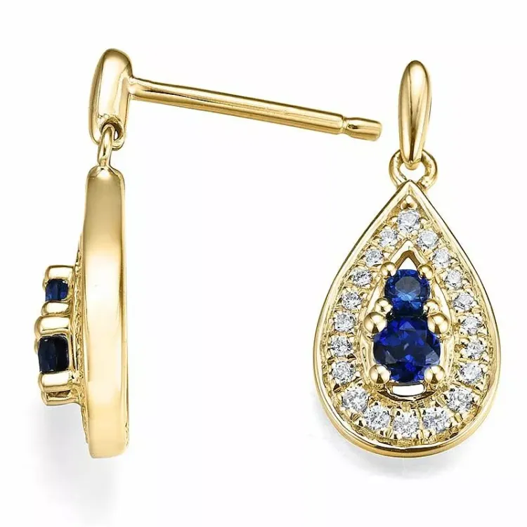 dråpe blå safir ørestikker i 14 karat gull med diamant og safir