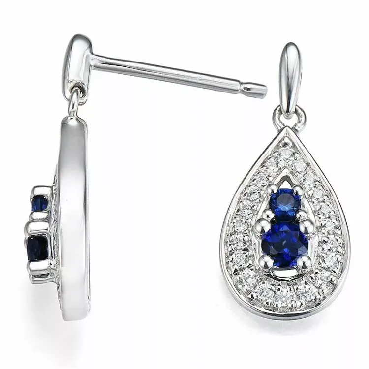 dråpe safir ørestikker i 14 karat hvitt gull med diamant og safir