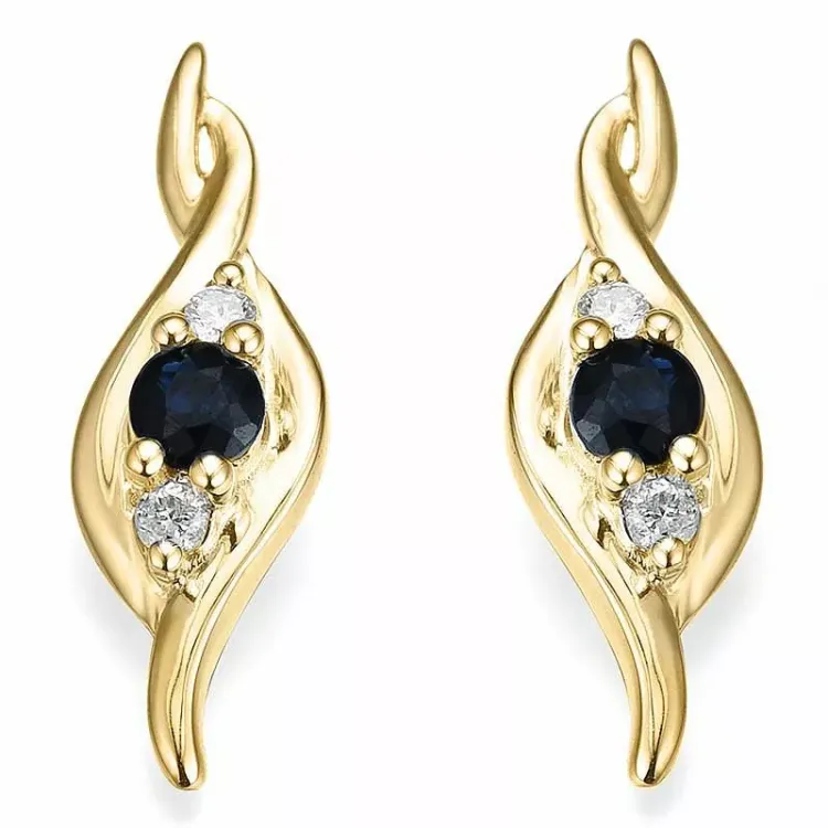 safir diamantøredobb i 14 karat gull med diamant og safir