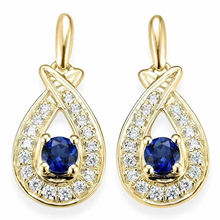 dråpeformet safir creol i 14 karat gull med diamant og safir 