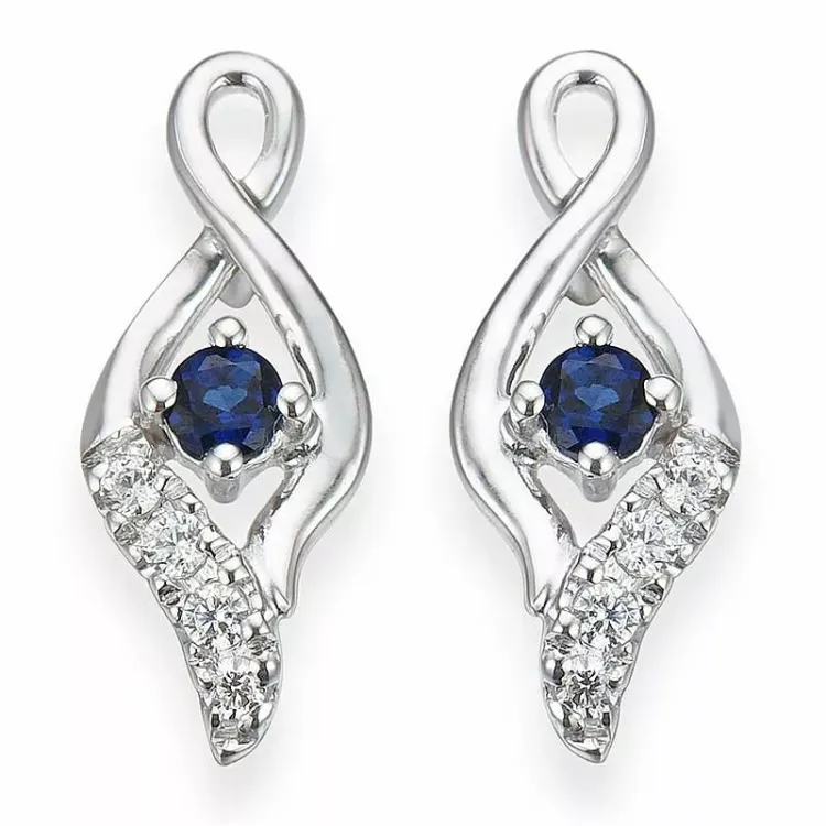 safir diamantøredobb i 14 karat hvitt gull med diamant og safir