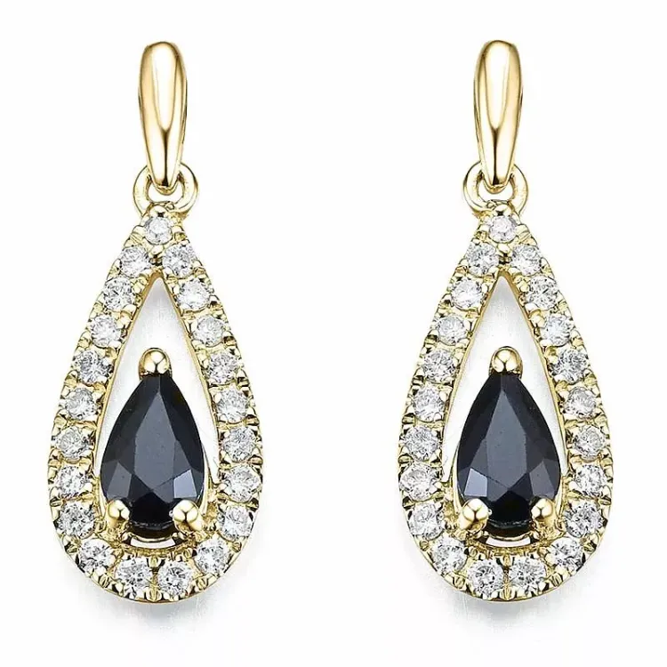 lange dråpe safir øredobber i 14 karat gull med diamant og safir