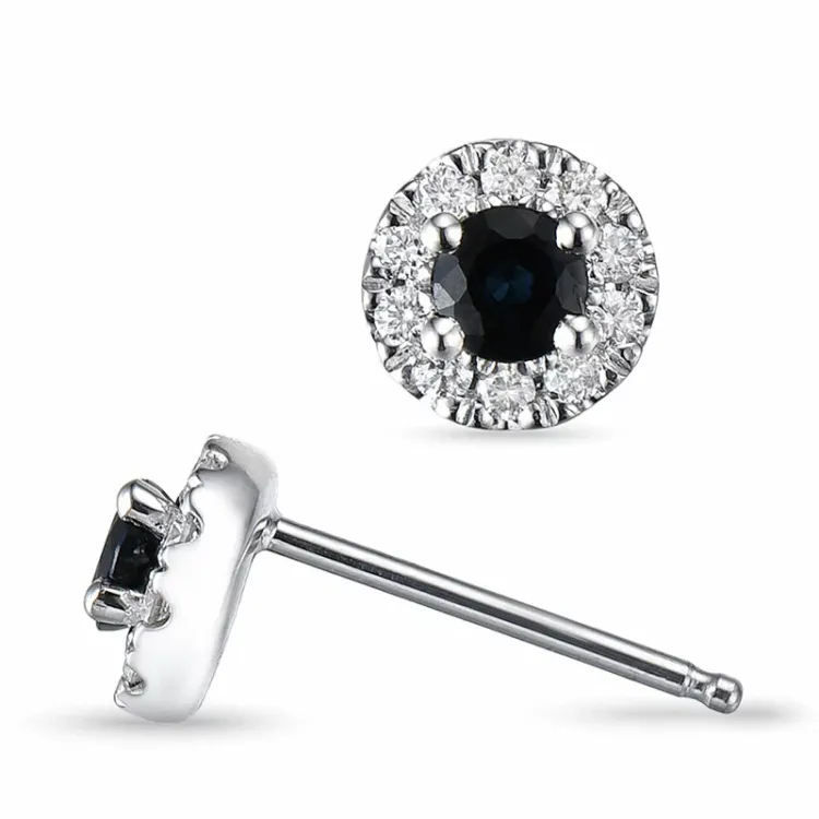 runde blå safir ørestikker i 14 karat hvitt gull med diamant og safir