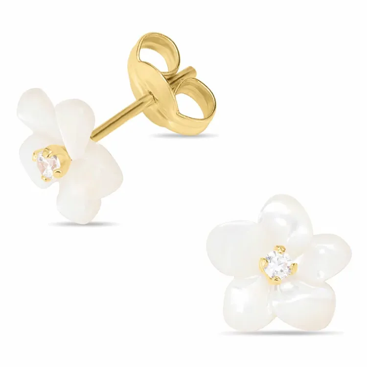 blomst ørestikker i 9 karat gull med perlemors og zirkon - Gold Collection