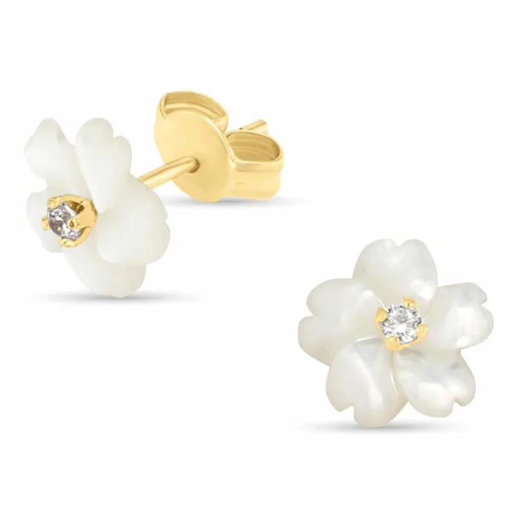 blomst øredobber i 9 karat gull med zirkon og perlemors - Gold Collection