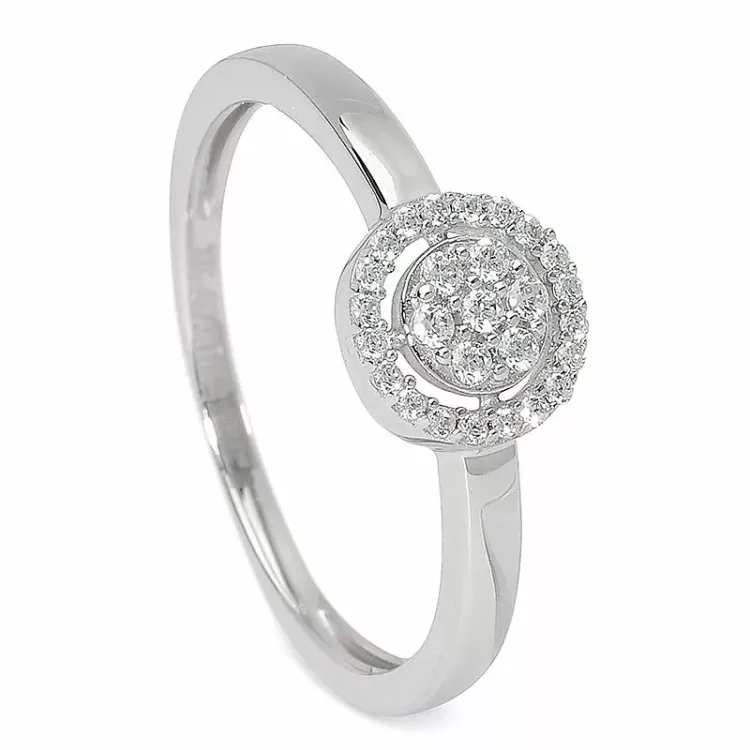 rund zirkon ring i 9 karat hvitt gull