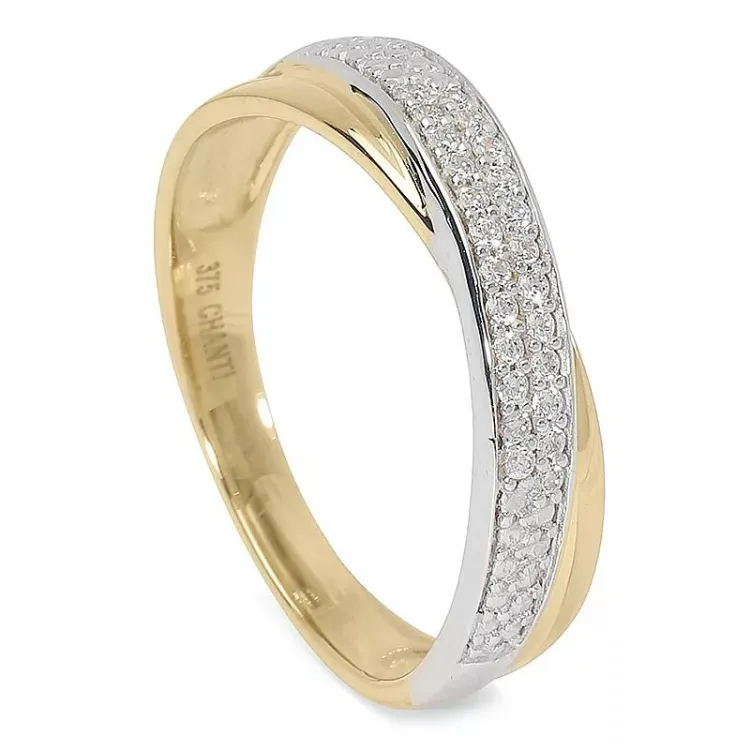 Abstrakt hvit zirkon ring i 9 karat gull med rhodium