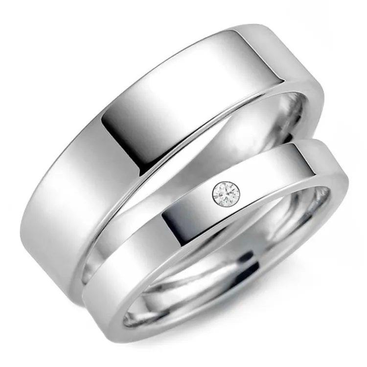 6 og 3 mm diamant gifteringer i 14 karat hvitt gull - par