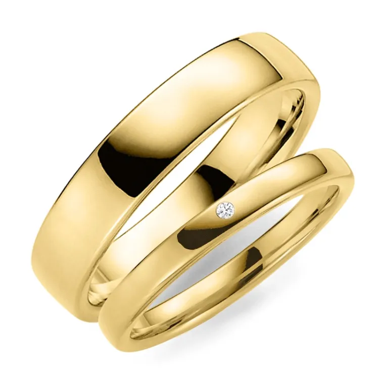 5 og 3 mm diamant gifteringer i 14 karat gull - par