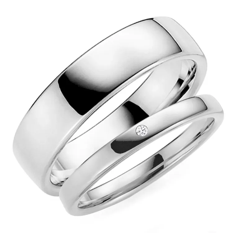 6 og 3 mm diamant gifteringer i 14 karat hvitt gull - par