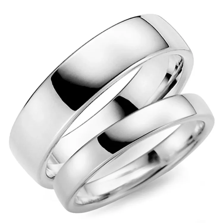 6 og 4 mm gifteringer i 14 karat hvitt gull - par