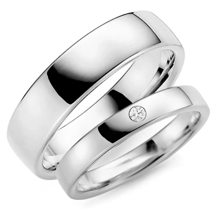 6 og 4 mm diamant gifteringer i 14 karat hvitt gull - par