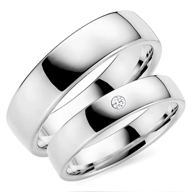 6 og 5 mm diamant gifteringer i 14 karat hvitt gull - par