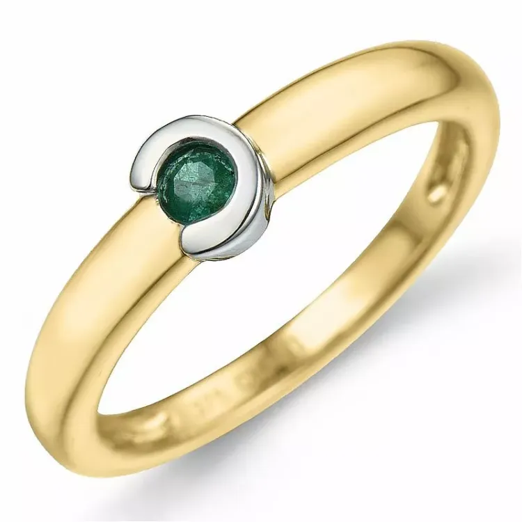 rund smaragd ring i 9 karat gull og hvitt gull 0,13 ct