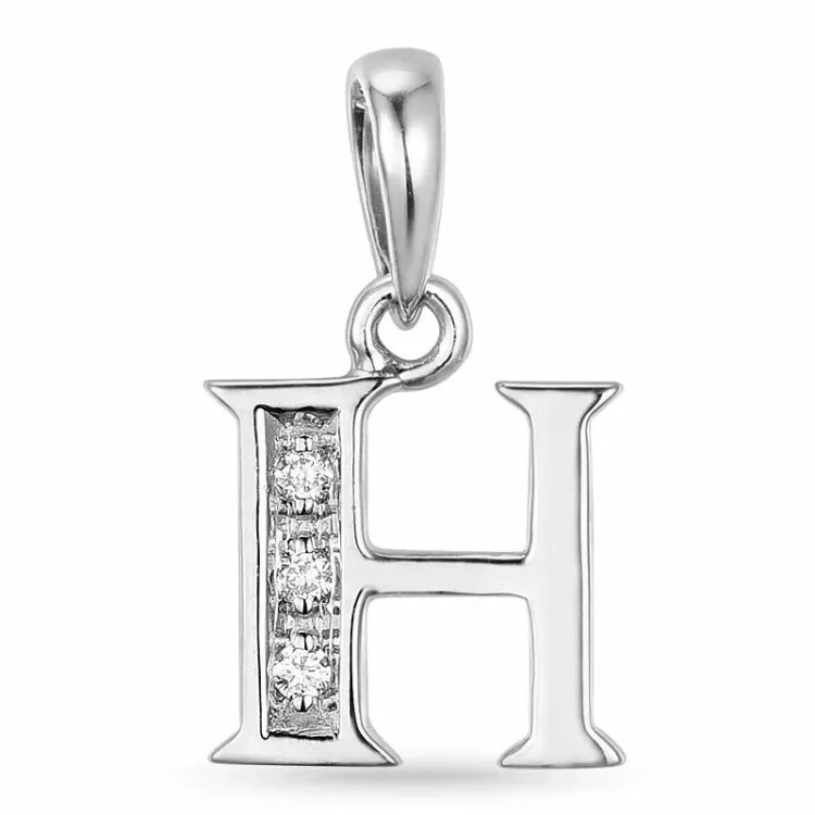 bokstav h diamant anheng i 9 karat hvitt gull 0,02 ct