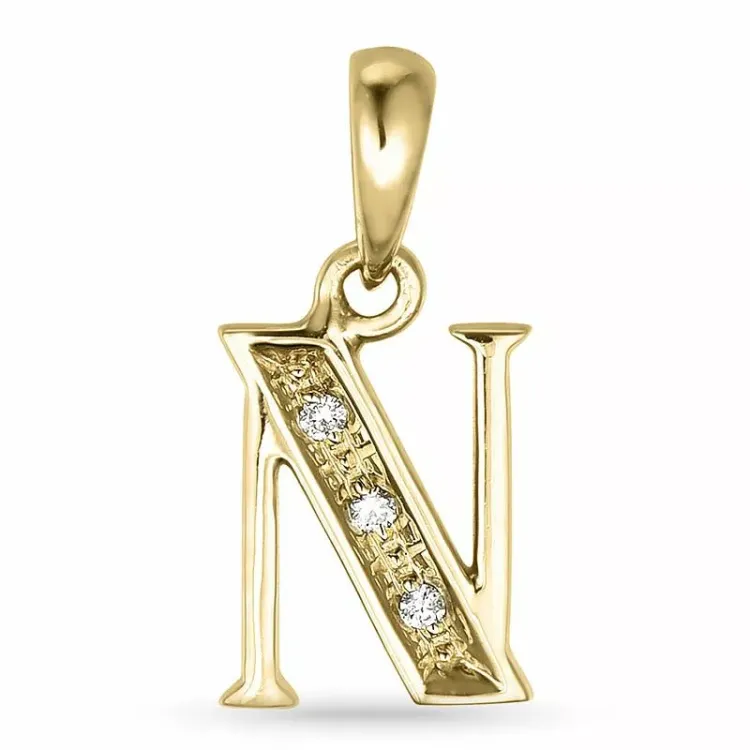 bokstav n diamant anheng i 9 karat gull 0,02 ct