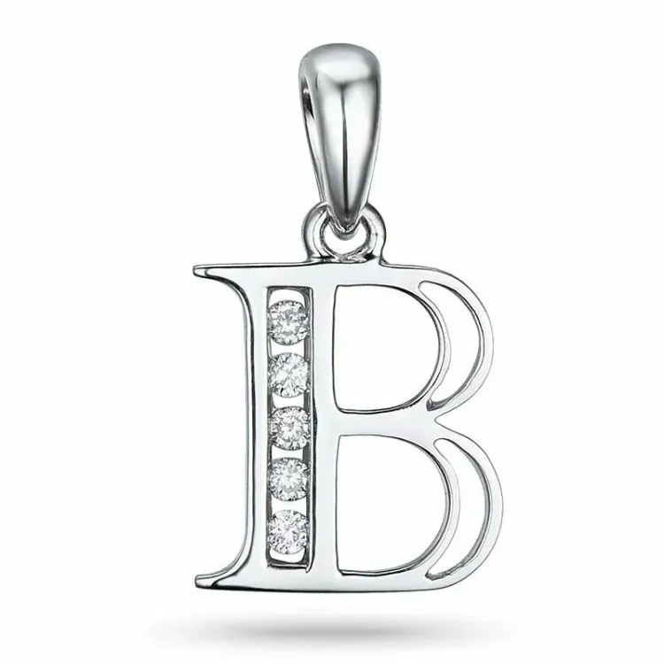 bokstav b diamant anheng i 9 karat hvitt gull 0,05 ct