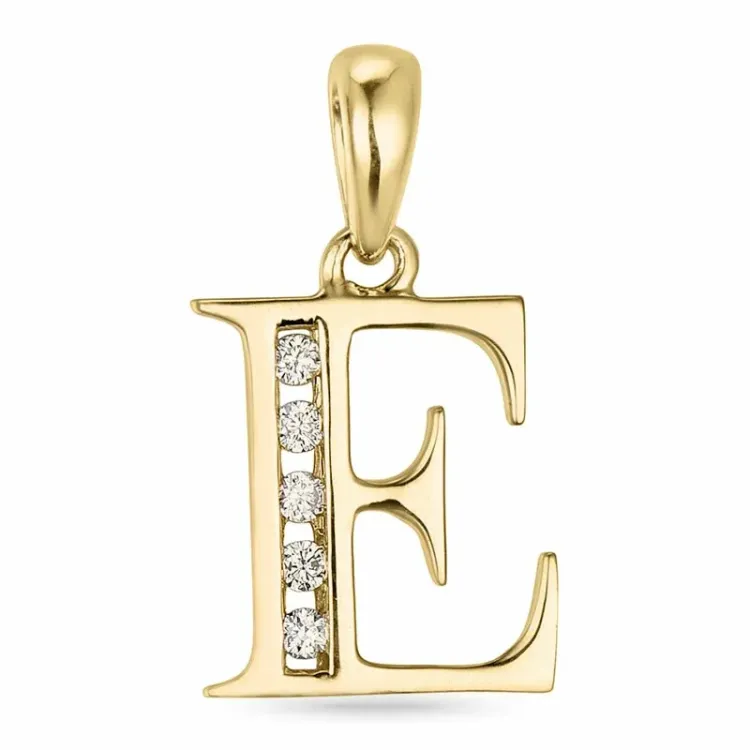 bokstav e diamant anheng i 9 karat gull 0,05 ct