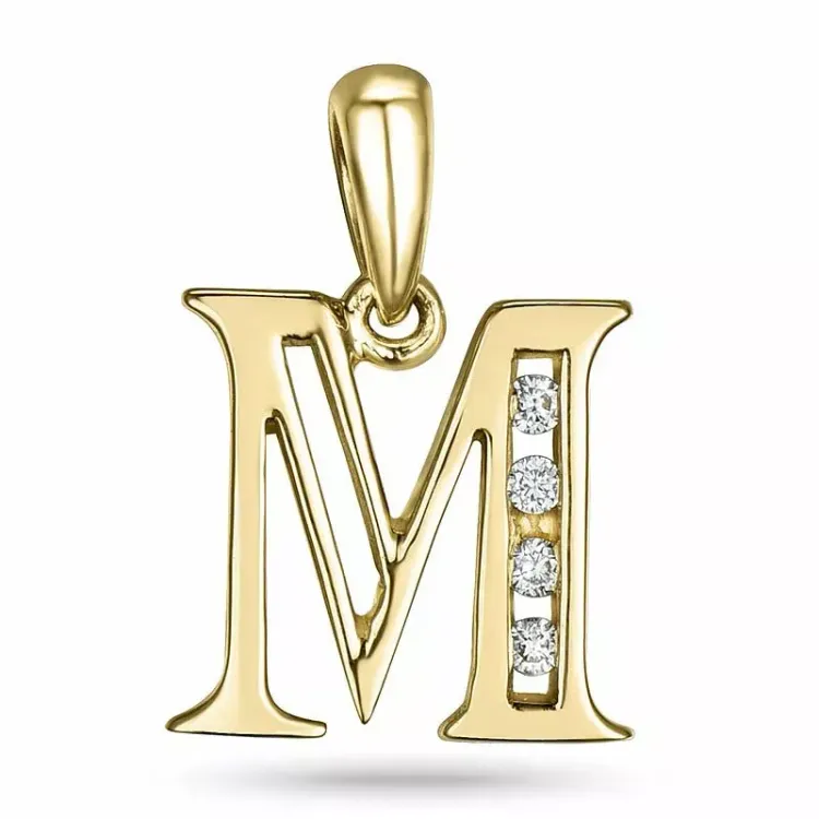 bokstav m diamant anheng i 9 karat gull 0,04 ct