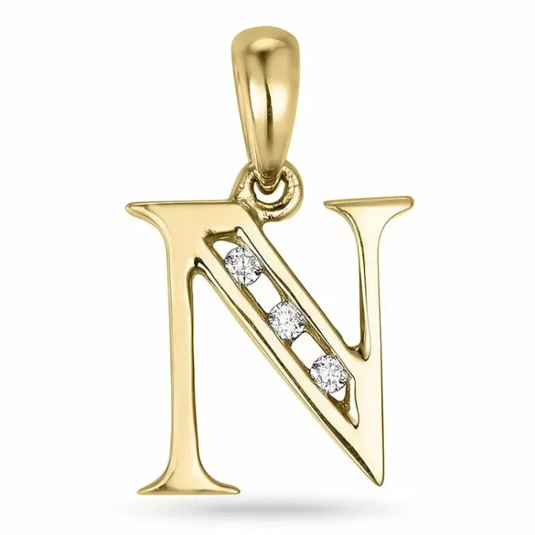 bokstav n diamant anheng i 9 karat gull 0,03 ct