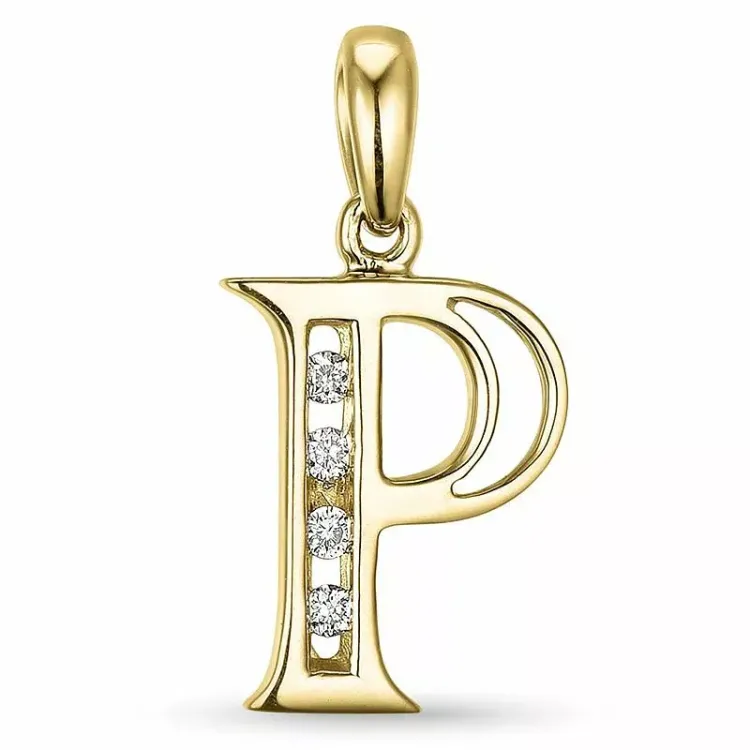 bokstav p diamant anheng i 9 karat gull 0,04 ct
