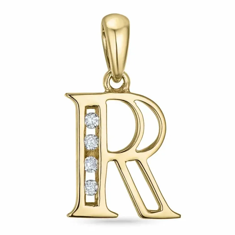 bokstav r diamant anheng i 9 karat gull 0,04 ct