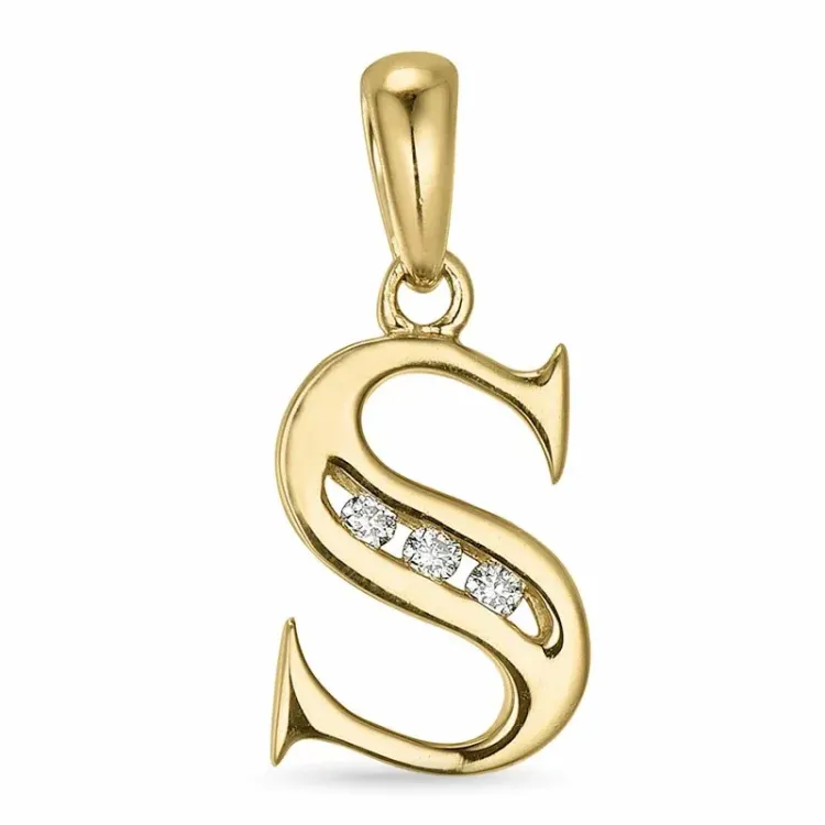 bokstav s diamant anheng i 9 karat gull 0,03 ct