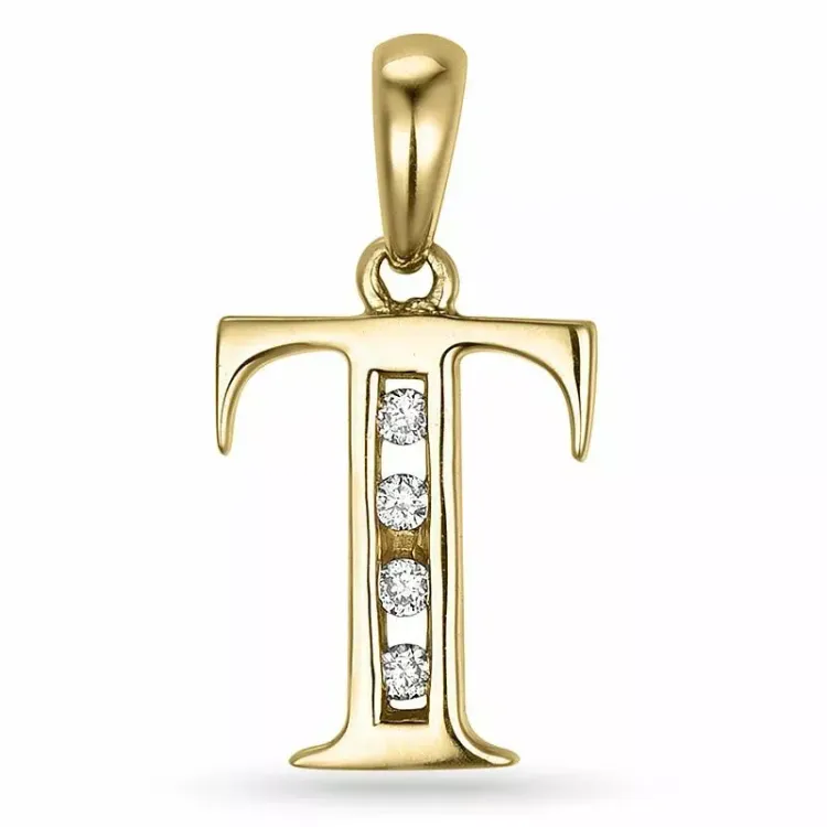 bokstav t diamant anheng i 9 karat gull 0,04 ct