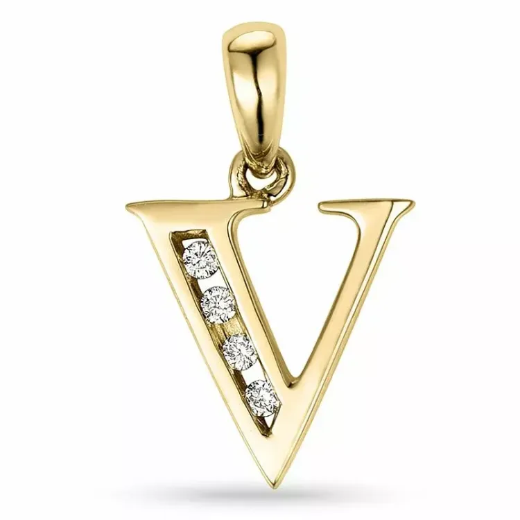 bokstav v diamant anheng i 9 karat gull 0,04 ct