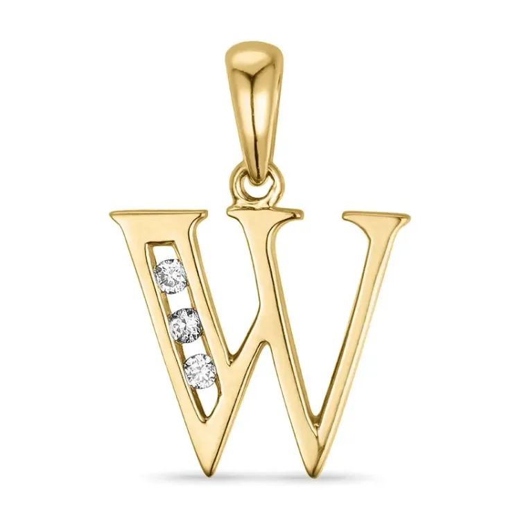 bokstav W diamant anheng i 9 karat gull 0,03 ct