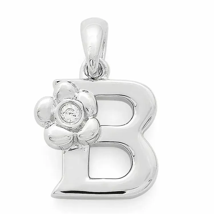 bokstav b diamant anheng i 9 karat hvitt gull 0,01 ct