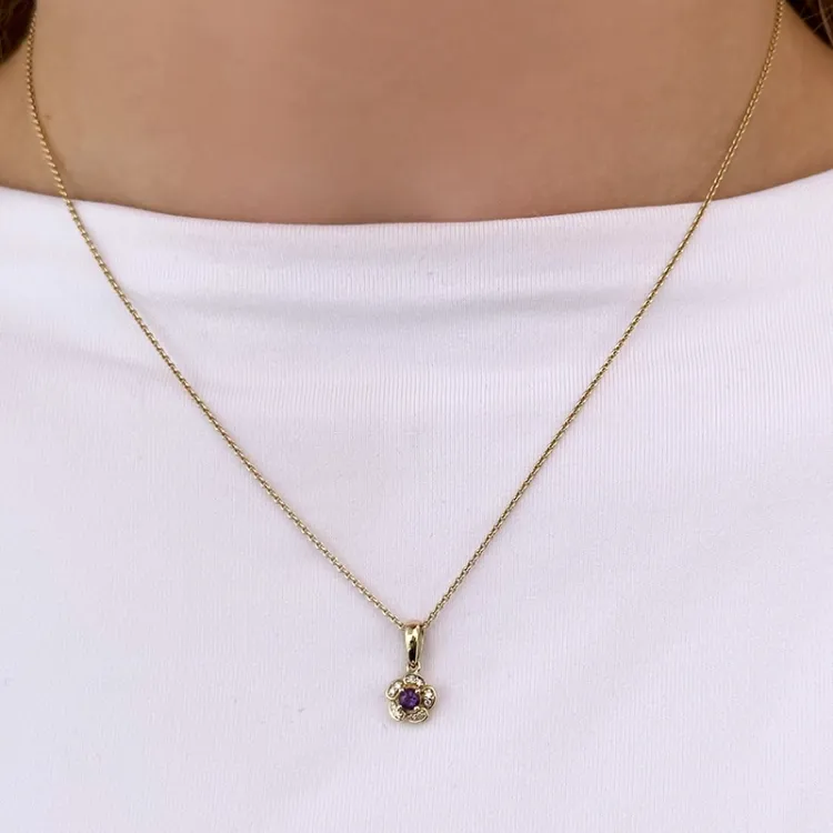 Blomst ametyst diamantanheng i 9 karat gull 0,04 ct 0,12 ct