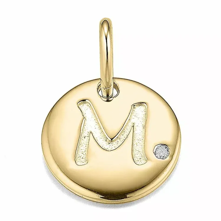 bokstav m diamant anheng i 9 karat gull 0,01 ct