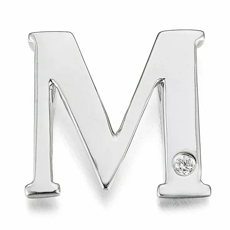 bokstav m diamant anheng i 9 karat hvitt gull 0,01 ct